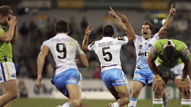 Greg Bird celebrates after winning the game in golden point in 2011 in Canberra. (Photo by Stefan Postles/Getty Images)