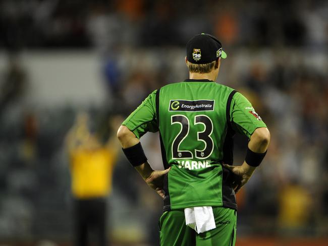 Stars captain Shane Warne reacts after his bowler Alex Keath was carted for 27 off his first over.