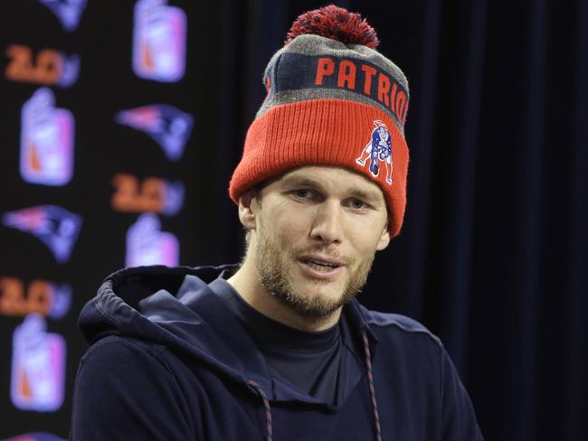 New England Patriots quarterback Tom Brady faces reporters following an NFL football practice, Thursday, Jan. 12, 2017, in Foxborough, Mass. (AP Photo/Steven Senne)