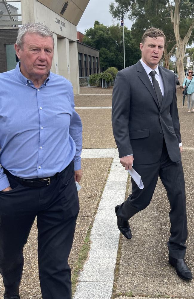 Ex NRL player Brett Finch (right) leaves Sutherland Court today with his father Robert Finch. Picture: Josh Hanrahan