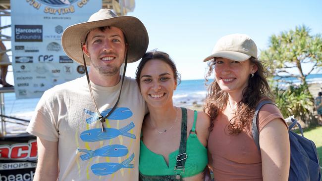 Aden O'Neill, Trinidad Rioseco and Aniela Neicho at the 49th Annual Pa &amp; Ma Bendall Memorial Surfing Contest held at Moffat Beach in Caloundra on April 8, 2023. Picture: Katrina Lezaic