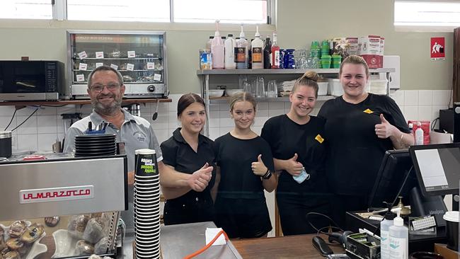 The Kew Corner Store team, owner-operator Staffan Andler, Therese Manns, Amelyah Collier, Tymarnah Ashenden and Alayna Morgan, giving a "thumbs up" to good old-fashioned customer service. Picture: Gemma Ferguson