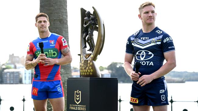 Kalyn Ponga of the Newcastle Knights and Tom Dearden of the North Queensland Cowboys poses during the 2024 NRL Telstra Premiership Finals Series Launch. Picture: NRL Photos/Gregg Porteous