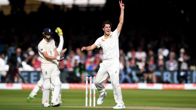 Pat Cummins successfully appeals for the wicket of Chris Woakes. Picture: Getty Images