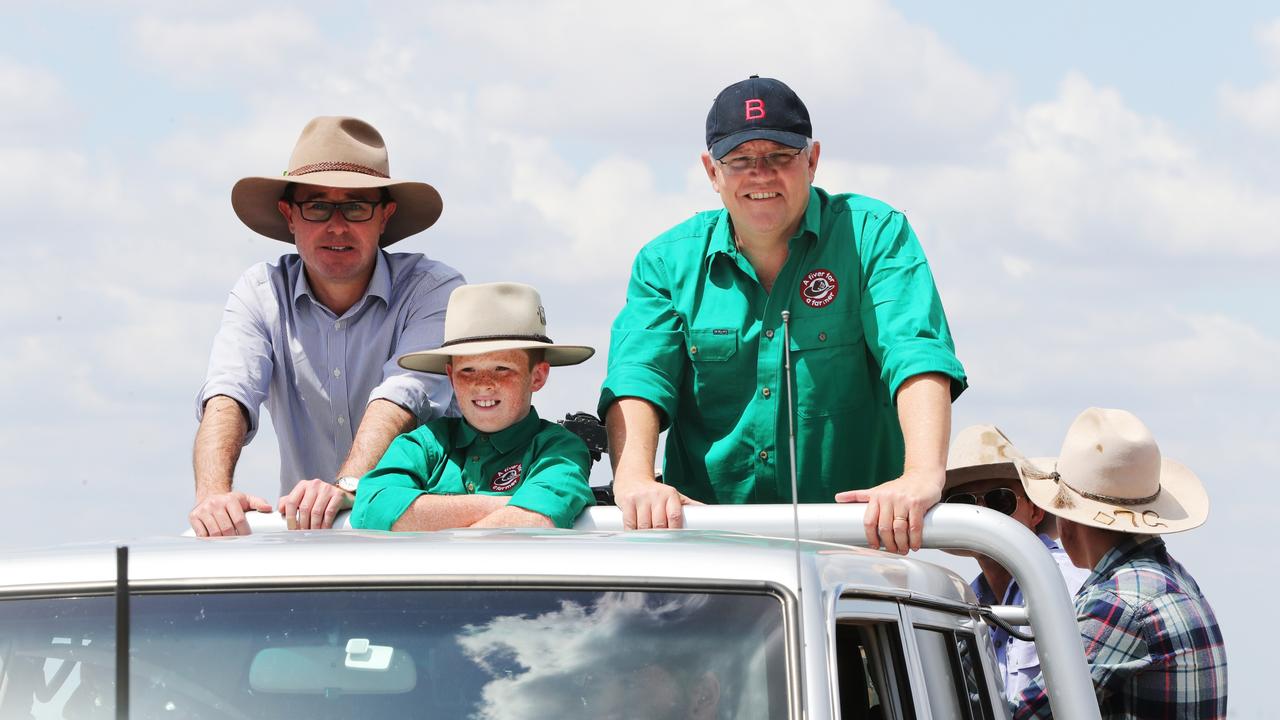 Fiver for a Farmer founder Jack Berne visited the Queensland town of Dalby with Prime Minister Scott Morrison and other politicians to meet some of the farmers his charity was helping in 2019. Picture: Adam Taylor/PMO