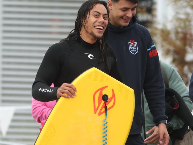 The Daily Telegraph. 9.7.2024 Jerome Luai is rescued from the water when he went in on a boogey board. Blues at URBNSURF. Westpac NSW Blues players, Westpac NSW Blues squad media day ahead of State of Origin Game 3. Picture: Rohan Kelly