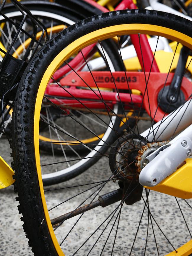 Some of the bikes had twisted wheels and handlebars.