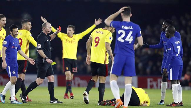 Chelsea's Tiemoue Bakayoko is sent off during the clash with Watford