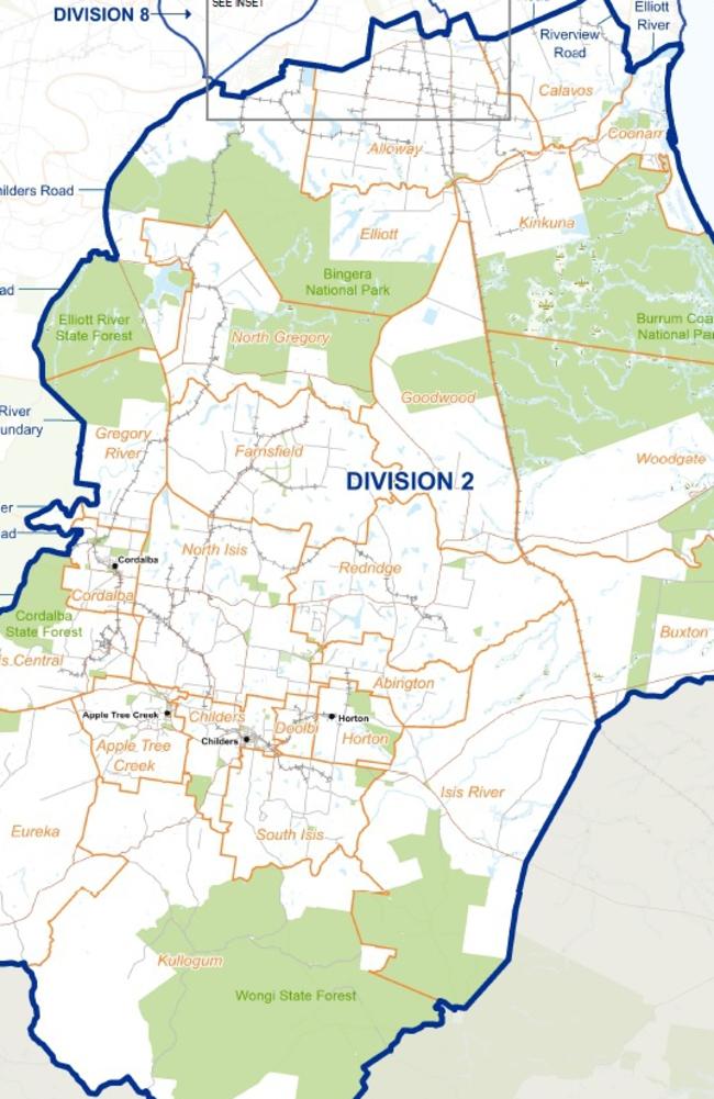 Division 2 encompasses Childers, Woodgate and Apple Tree Creek.