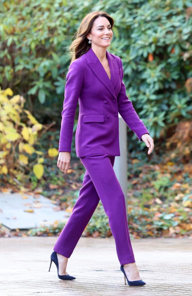 November 15: A step away from her usual demure royal look, the Princess of Wales wore a bold purple Emilia Wickstead pantsuit for her appearance at the Shaping Us National Symposium at the Design Museum in London. Picture: Chris Jackson/Getty Images