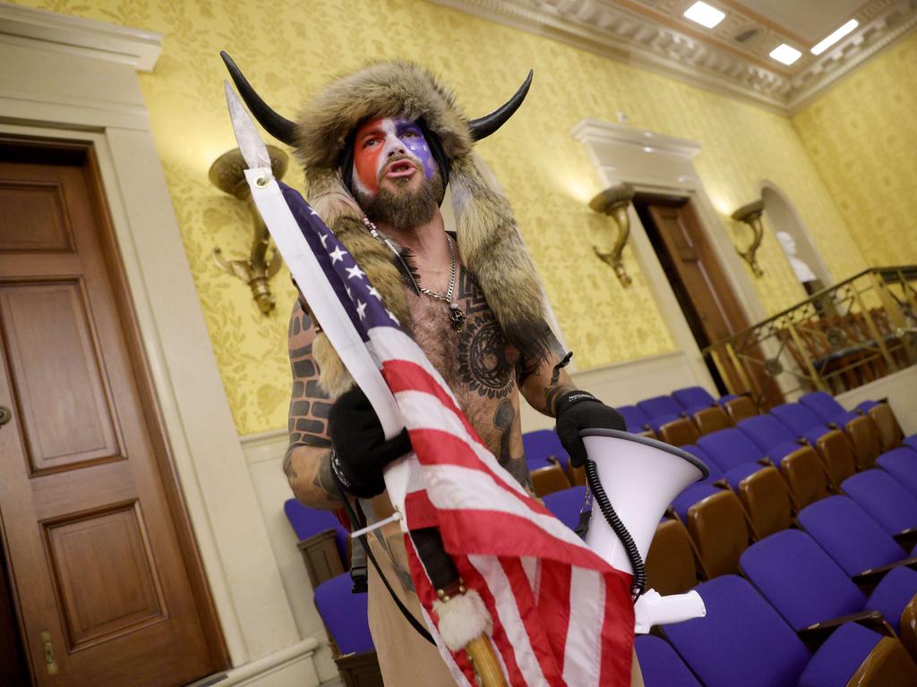 Jake Angeli inside the Senate Chamber. Picture: AFP