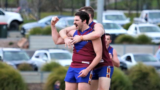 Moe's Harrison Pepper celebrates one of his four goals against Leongatha on Saturday. Picture: Daniel Heathcote