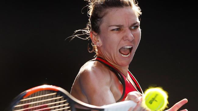 Simona Halep pounds a forehand against Angelique Kerber. Picture: Michael Klein