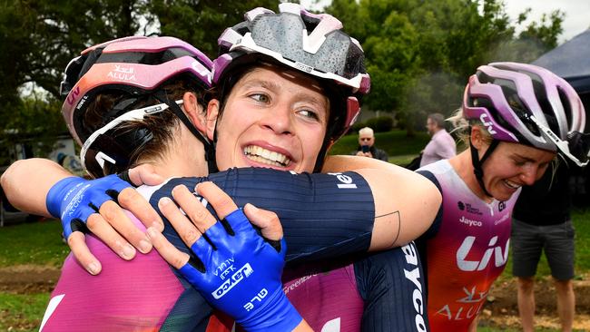 Ruby Roseman-Gannon congratulated by teammates after winning the Elite Women’s Road Race at the Australian Road National Championships. Picture: Josh Chadwick.