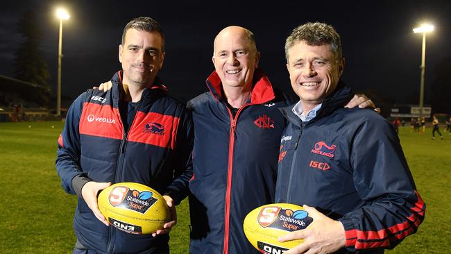 Norwood coach Jarrod Cotton, left and CEO James Fantasia, right, with coaching mentor Phil Smyth (centre) at the Parade. Picture: Tom Huntley