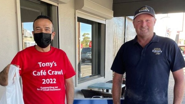 Light MP Tony Piccolo with Jason Assender, owner of the Gawler South Bakery. The cafe has been vigilant about Covid outbreaks. Picture: Facebook