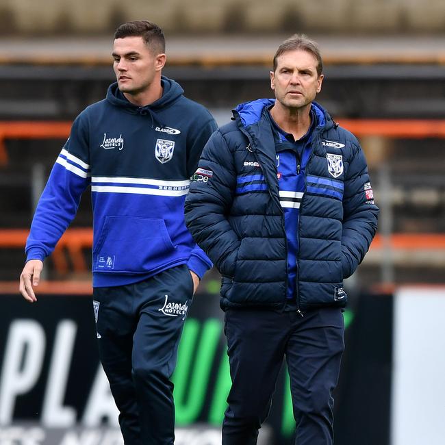 Bulldogs halfback Kyle Flanagan with interim coach Mick Potter during training. Credit: NRL Images.