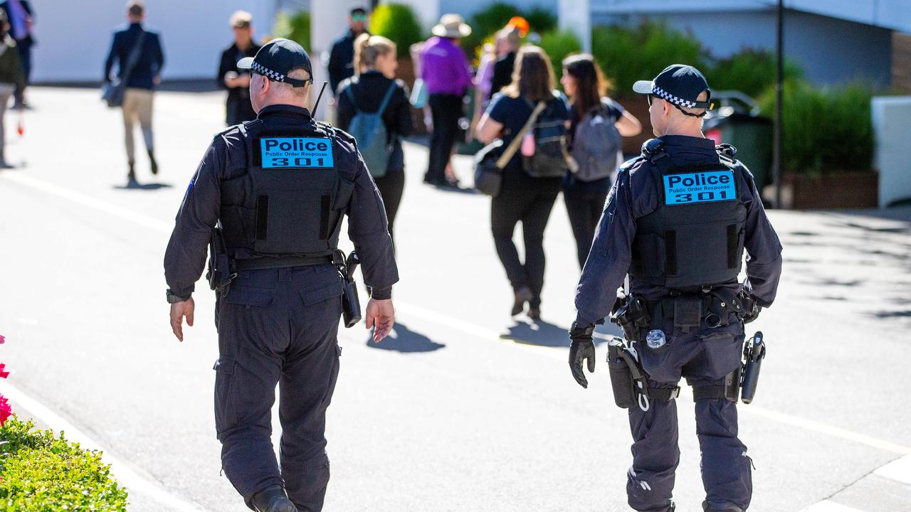 Large numbers police were deployed to Flemington for today’s Melbourne Cup. Picture: Mark Stewart