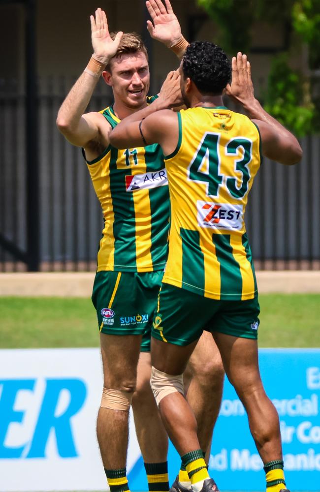 Matt Ryan celebrating a goal for PINT in the 2023-24 NTFL season. Picture: Celina Whan / AFLNT Media