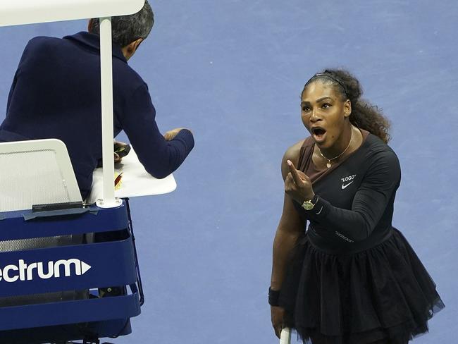 Serena Williams argues with the chair umpire during the US Open women’s final. Picture: Greg Allen/Invision/AP