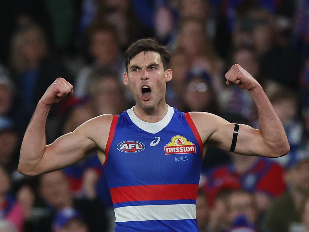 MELBOURNE, AUSTRALIA – AUGUST 18: Sam Darcy of the Bulldogs celebrates kicking a goal during the round 23 AFL match between Western Bulldogs and North Melbourne Kangaroos at Marvel Stadium, on August 18, 2024, in Melbourne, Australia. (Photo by Daniel Pockett/Getty Images)