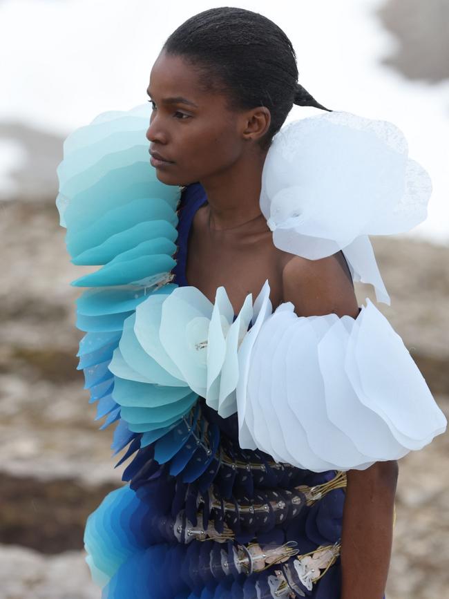 A model poses during Iris Van Herpen Haute Couture Fall/Winter 2021/2022 collection during Paris Fashion Week in the Dolomites, Italy. Picture: Vittorio Zunino Celotto/Getty Images