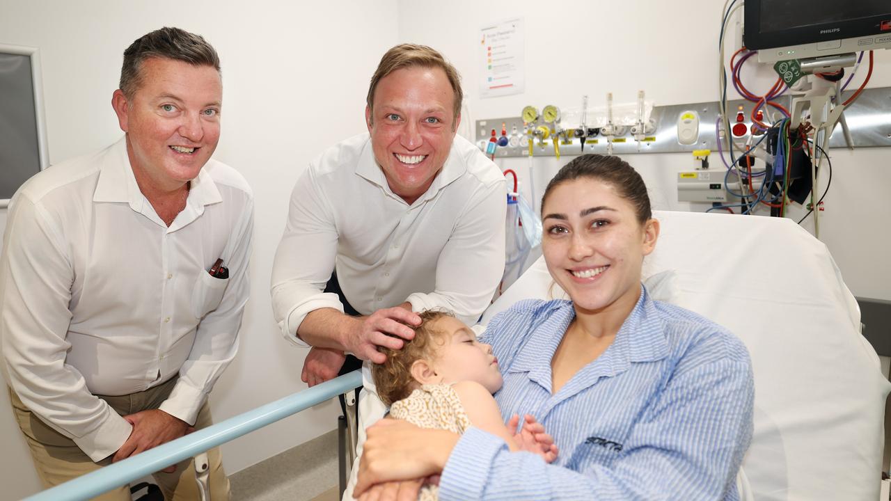 Premier Steven Miles with Robert Skelton at the Nambour Hospital with Mereana Harrod and son Jai 20mnths old from Bli Bli. Pic Annette Dew office of the Premier