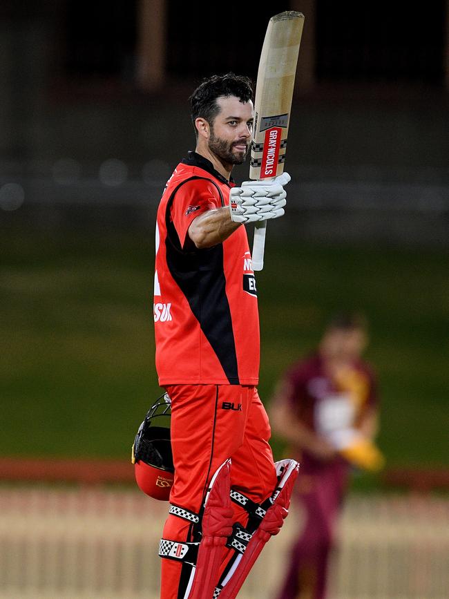 Callum Ferguson of the Redbacks gestures after scoring his second successive century during the JLT One-Day Cup Qualifying Final. Picture: AAP Image/Dan Himbrechts