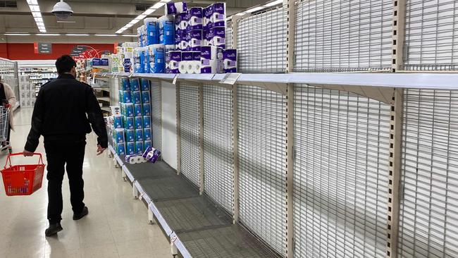 Supermarkets are being stripped of toilet paper as panic buying returns because of the latest coronavirus outbreak. Picture: William West