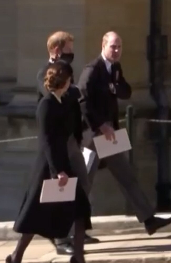 Prince Harry and Prince William were seen walking together with Kate after the funeral. Picture: 7 NEWS