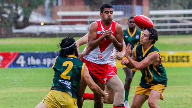 Dominic Forbes, pictured playing for Federal has had a strong season for South Alice Springs. Picture: Charlie Lowson