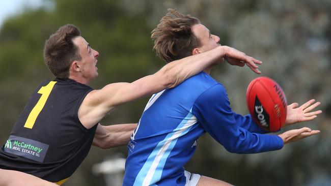 Lucas Anderson and Barwon Heads’ Kyle Polley fly for the ball in the 2022 BFL grand final. Picture: Mark Wilson