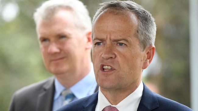 Australian Opposition Leader Bill Shorten and the Manager of Opposition Business, Tony Burke address the media in Wiley Park. Picture: AAP Image/Peter Rae.