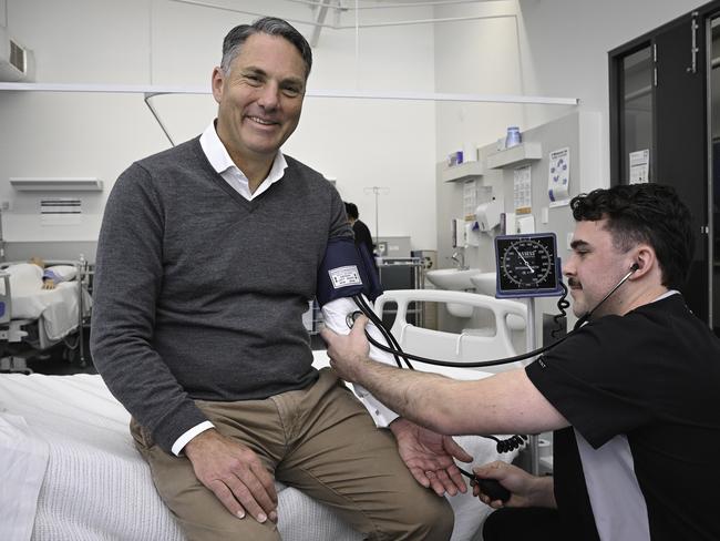 Deputy Prime Minister Richard Marles had his blood pressure checked by third-year student nurse Andre Vitti at Deakin University’s Geelong campus for World Hypertension Day in May. Picture: Reg Ryan