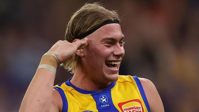 PERTH, AUSTRALIA - APRIL 20: Harley Reid of the Eagles celebrates after scoring a goal during the 2024 AFL Round 06 match between the West Coast Eagles and the Fremantle Dockers at Optus Stadium on April 20, 2024 in Perth, Australia. (Photo by Will Russell/AFL Photos via Getty Images)