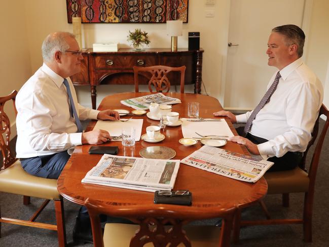 Mathias Cormann enjoying breakfast with the PM after resigning as Finance Minister at The Lodge in Canberra on Friday morning, October 30, 2020. Picture: Adam Taylor/PMO