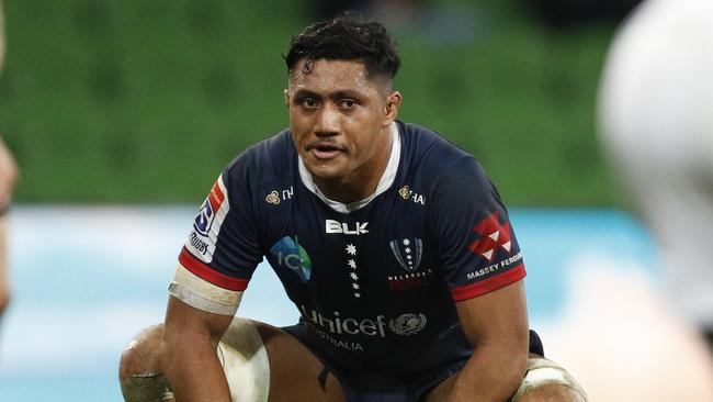 Robert Leota of the Rebels looks dejected after the Round 18 Super Rugby match between the Melbourne Rebels and the Waikato Chiefs at AAMI Park in Melbourne, Friday, June 14, 2019.  (AAP Image/Daniel Pockett) NO ARCHIVING, EDITORIAL USE ONLY