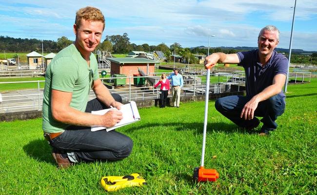 STARTING WORK: Juno Energy technical and logistics manager Jacob Wood (left) and manager Patrick Halliday (right) begin the feasibility study for the community solar farm at the East Lismore Treatment Plant.. Picture: Terra Sword of Lismore City Council