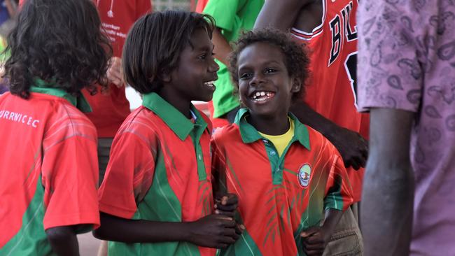 Milingimbi Community Education Centre students join a traditional dance as they celebrate the school's 50th anniversary of bilingual education. Picture: Sierra Haigh