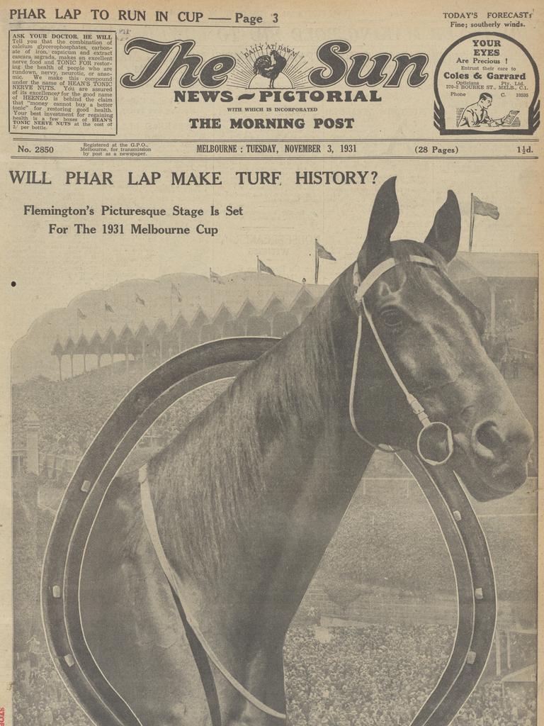 The legendary Phar Lap landed the front page of The Sun newspaper on 3 November, 1931. Picture: file image