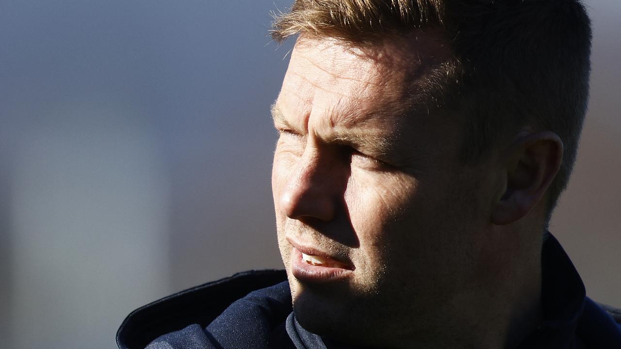 LAUNCESTON, AUSTRALIA – JULY 10: Hawks assistant coach Sam Mitchell looks on before the round 17 AFL match between Hawthorn Hawks and Fremantle Dockers at University of Tasmania Stadium on July 10, 2021 in Launceston, Australia. (Photo by Daniel Pockett/AFL Photos/via Getty Images)