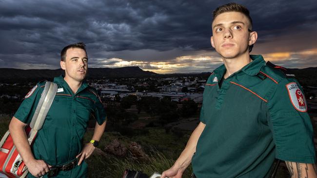 Alice Springs paramedics Remmie Bye and Hayden Cox before their shift on Saturday night. Picture: Liam Mendes