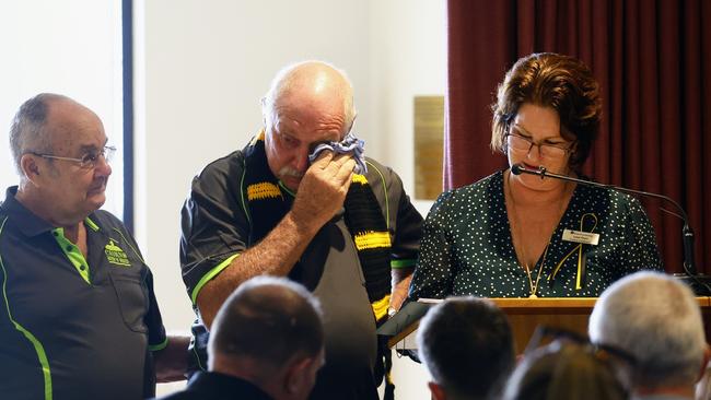 Grandfather Lance Laverty (centre), flanked by friend Bob Lavington and officiator Leisel Pisani at the funeral of Declan Laverty. Picture: Brendan Radke