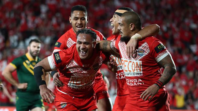 Solomone Kata celebrates scoring against the Kangaroos. Picture: Fiona Goodall/AFP