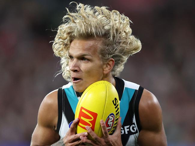 MELBOURNE, JULY 1, 2023: AFL Football Round 16 - Essendon V Port Adelaide at the MCG. Quinton Narkle of the Power  in action. Picture: Mark Stewart