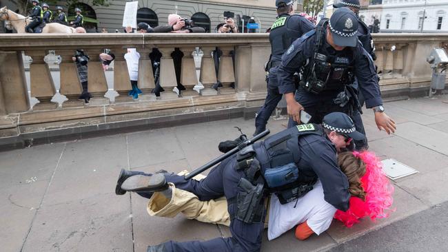 Police apprehend a protester during Saturday’s rally. Picture: Tony Gough