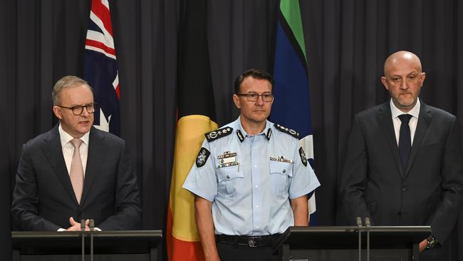 Anthony Albanese, AFP Commissioner Reece Kershaw and ASIO director-general Mike Burgess. The number of Australians concerned about crime and public safety has more than doubled in two months. Picture: Martin Ollman/NCA NewsWire