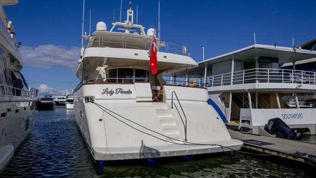 The Lady Pamela at a Gold Coast marina after millionaire construction magnate Mark Simonds and his family sailed her up from Melbourne for maintenance. They were fined and quarantined, but they can stay. Picture: News Corp