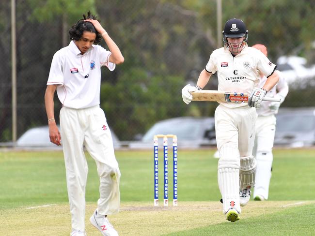 Southern District bowler Samyak Jain looking disappointed after bowling to Adelaide University’s Sam Kerber during their match at University Oval on Saturday. <br/>Picture: AAP/ Keryn Stevens