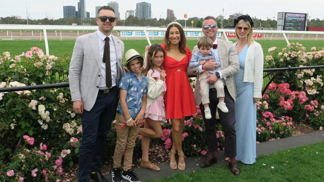 Alex, Clare, Raph, Georgia, Charlie, Archie and Shane at Seppelt Wines Stakes Day 2024 at Flemington Racecourse. Picture: Gemma Scerri